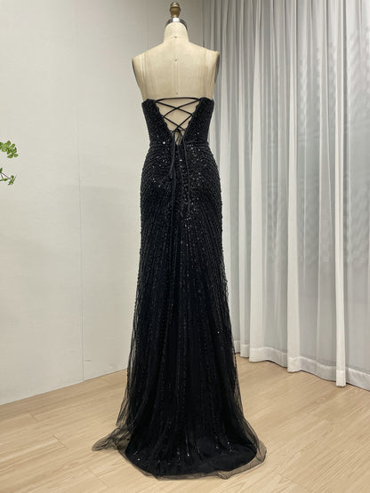 Black Formal Dress Spaghetti Strap Beaded High-Slit Evening Gown MB40430-2