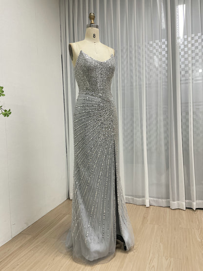 Black Formal Dress Spaghetti Strap Beaded High-Slit Evening Gown MB40430-2