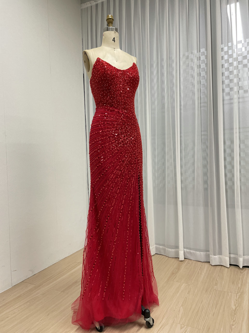 Black Formal Dress Spaghetti Strap Beaded High-Slit Evening Gown MB40430-2