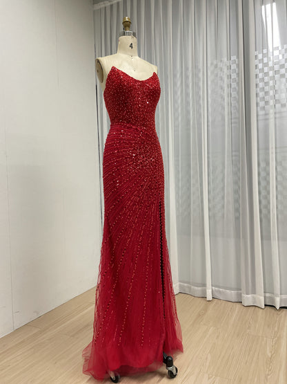 Black Formal Dress Spaghetti Strap Beaded High-Slit Evening Gown MB40430-2