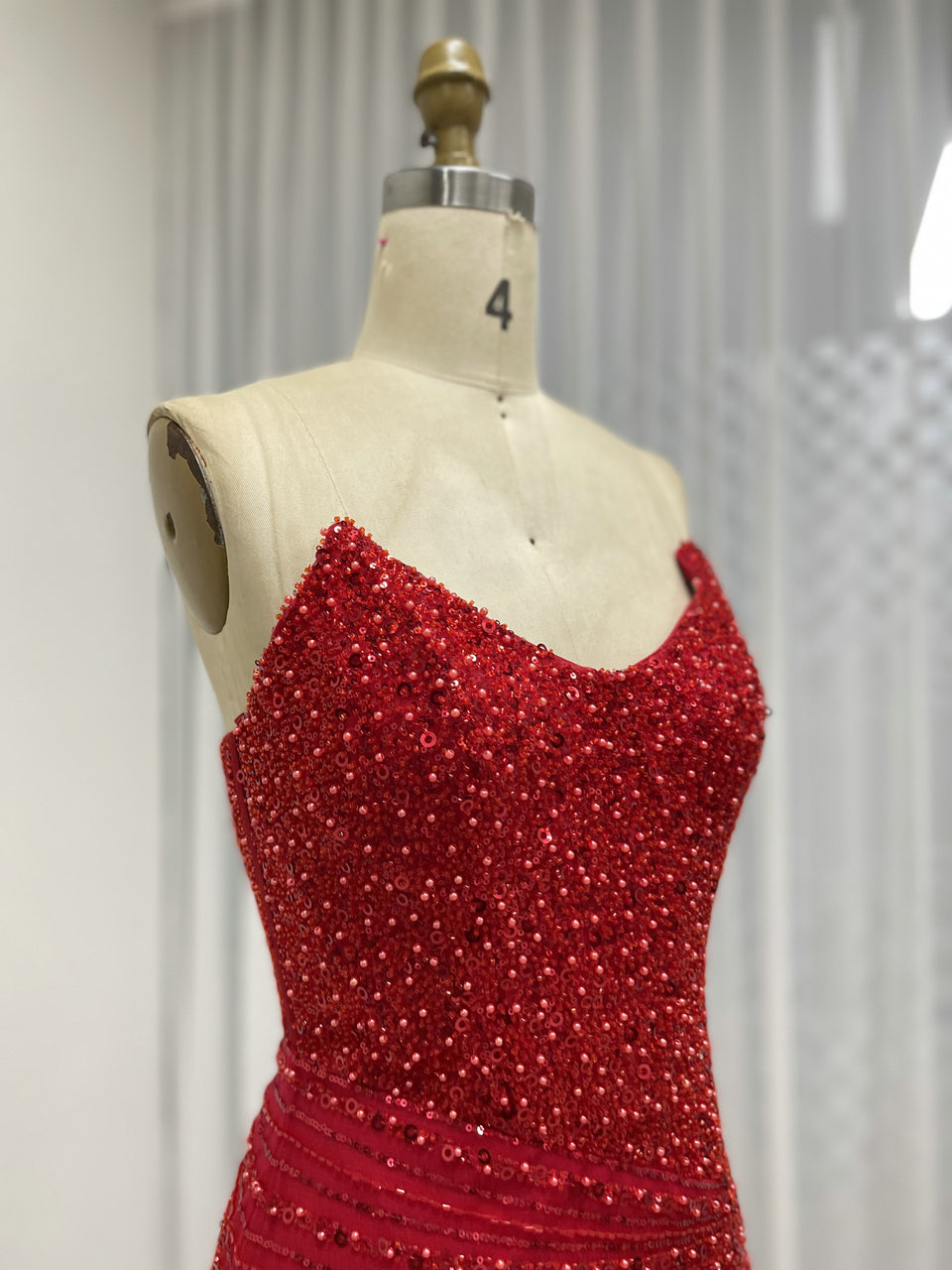 Black Formal Dress Spaghetti Strap Beaded High-Slit Evening Gown MB40430-2