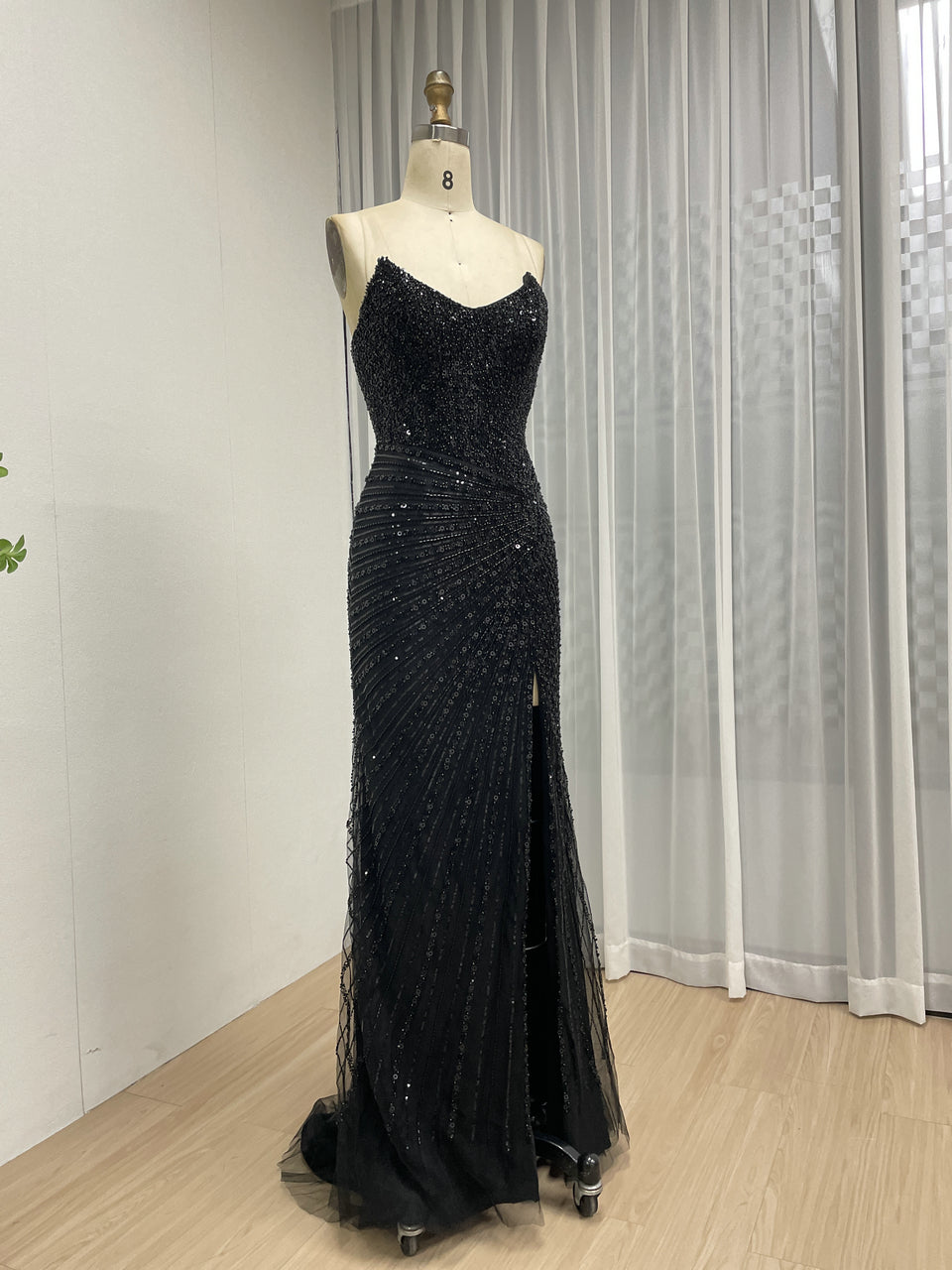 Black Formal Dress Spaghetti Strap Beaded High-Slit Evening Gown MB40430-2