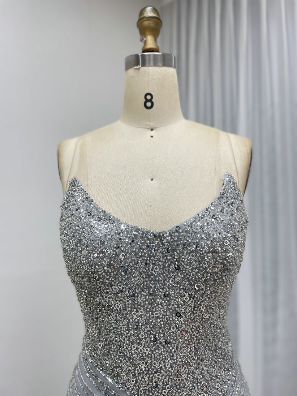 Black Formal Dress Spaghetti Strap Beaded High-Slit Evening Gown MB40430-2