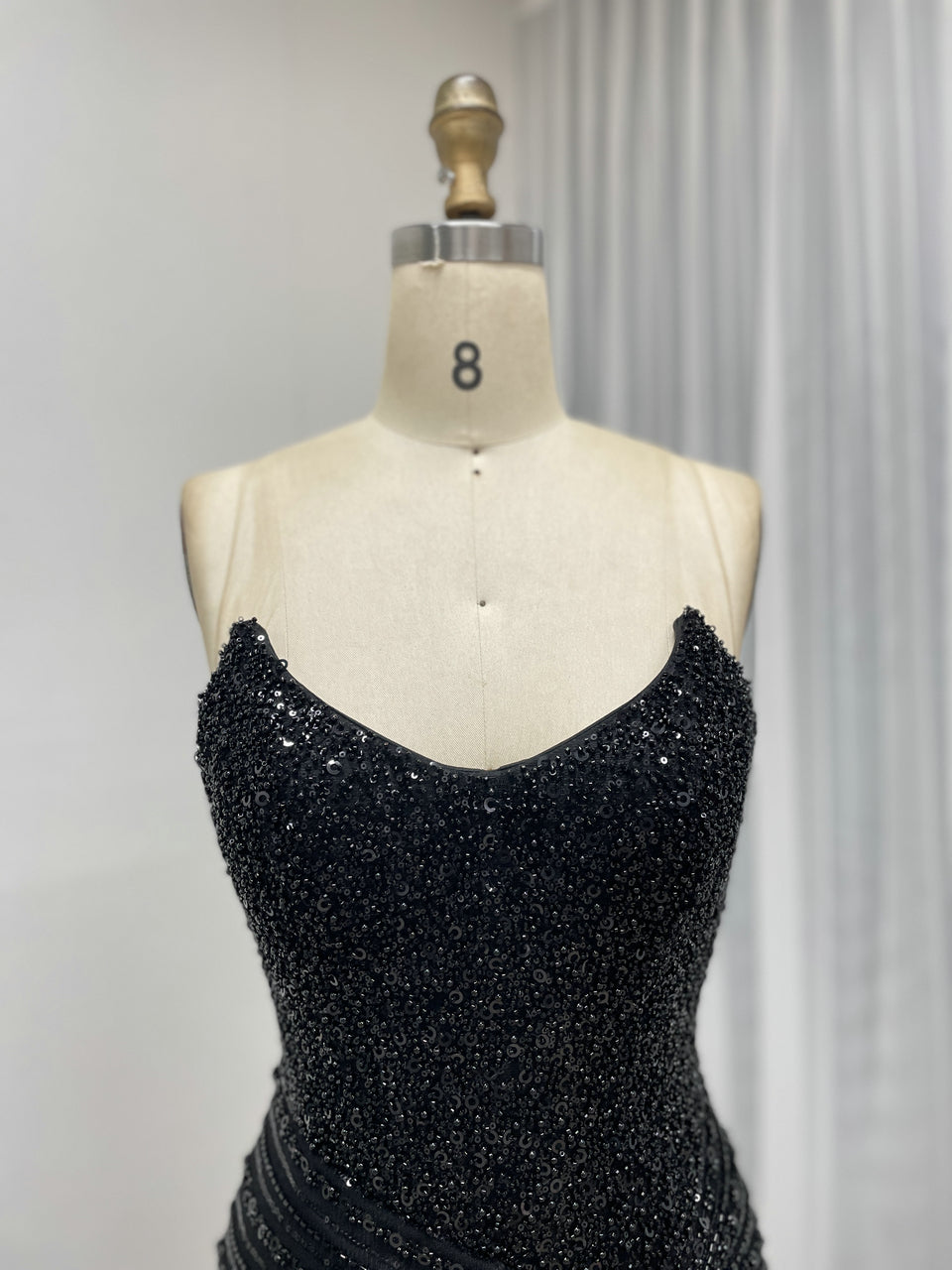 Black Formal Dress Spaghetti Strap Beaded High-Slit Evening Gown MB40430-2