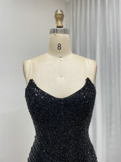 Black Formal Dress Spaghetti Strap Beaded High-Slit Evening Gown MB40430-2