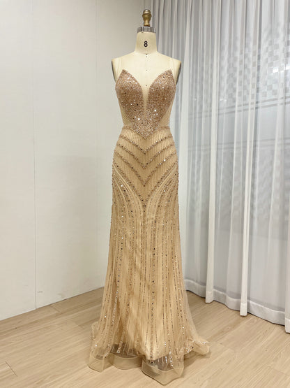 Sexy Sleeveless V Neck Crystal Beading Mermaid Prom Evening Gown MB40431