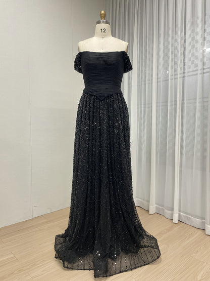 Elegant Off the Shoulder a Line Prom Evening Gown With Handmade Beading MB40432
