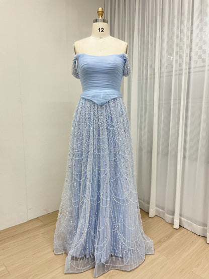 Elegant Off the Shoulder a Line Prom Evening Gown With Handmade Beading MB40432