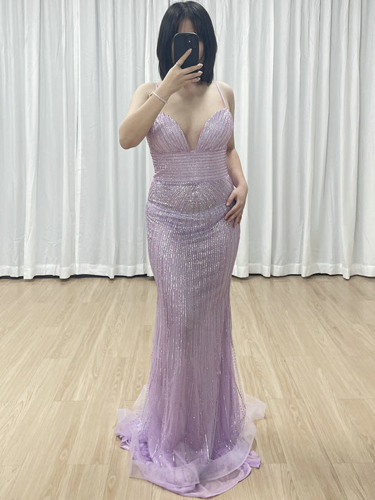 Sexy Spaghetti Strap Low BackV Neck Mermaid Evening Dress for Party MB40433