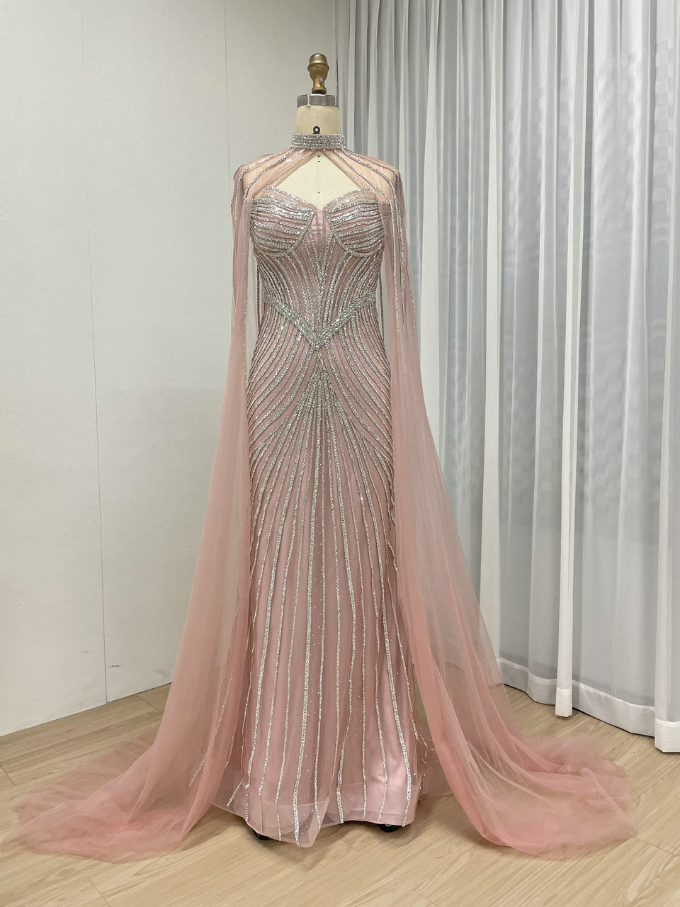 Luxurious Exquisite Beaded Crystal Prom Evening Gown With Elegant Cap Sleeve for Formal Occasion MB40435