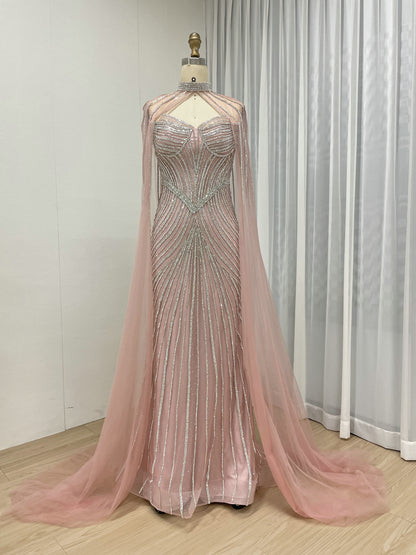 Luxurious Exquisite Beaded Crystal Prom Evening Gown With Elegant Cap Sleeve for Formal Occasion MB40435