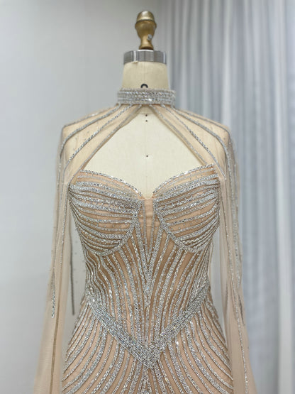 Luxurious Exquisite Beaded Crystal Prom Evening Gown With Elegant Cap Sleeve for Formal Occasion MB40435