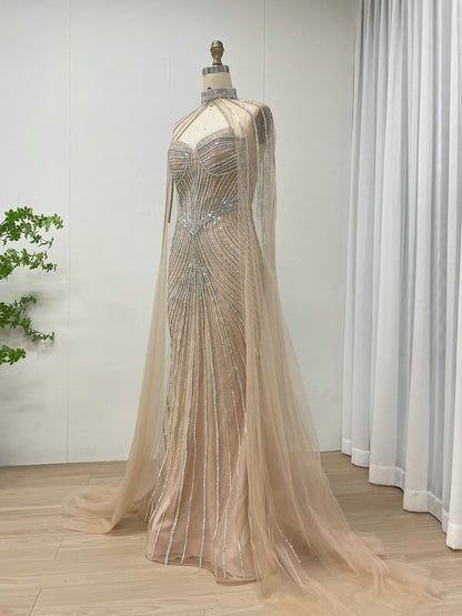 Luxurious Exquisite Beaded Crystal Prom Evening Gown With Elegant Cap Sleeve for Formal Occasion MB40435