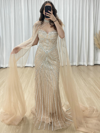 Luxurious Exquisite Beaded Crystal Prom Evening Gown With Elegant Cap Sleeve for Formal Occasion MB40435