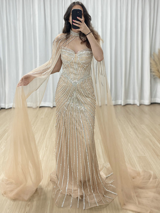 Luxurious Exquisite Beaded Crystal Prom Evening Gown With Elegant Cap Sleeve for Formal Occasion MB40435