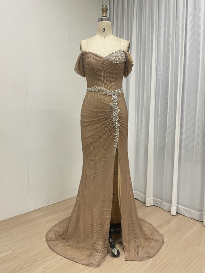 Chic Gold Sequin Off-Shoulder Dress with Flowing Train Slit for Party Wear MB40436