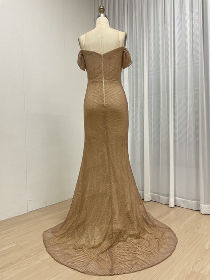 Chic Gold Sequin Off-Shoulder Dress with Flowing Train Slit for Party Wear MB40436