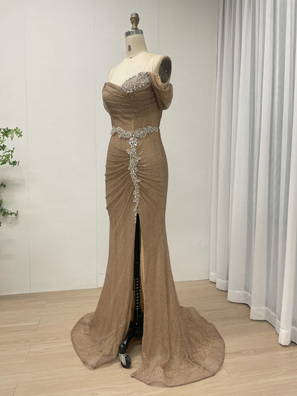 Chic Gold Sequin Off-Shoulder Dress with Flowing Train Slit for Party Wear MB40436