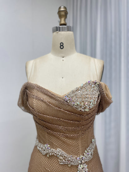 Chic Gold Sequin Off-Shoulder Dress with Flowing Train Slit for Party Wear MB40436