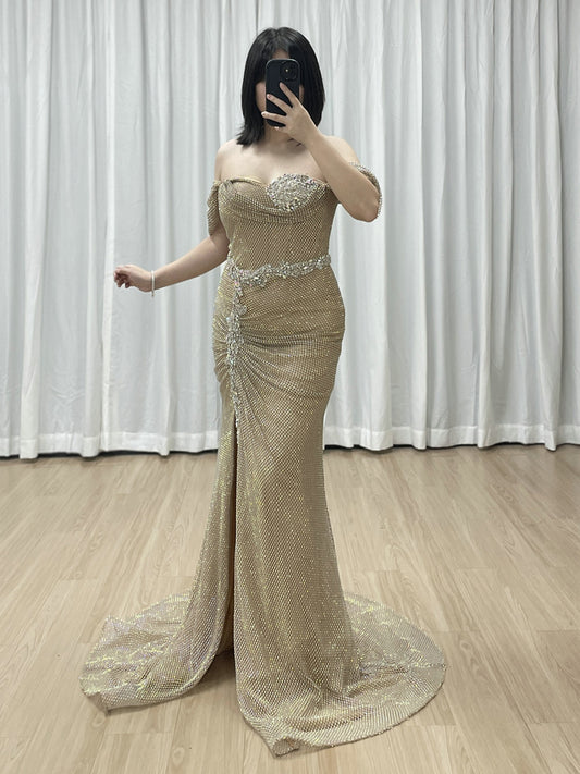 Glittering Ruched Gold Strapless Mermaid Gown with Slit MB40437