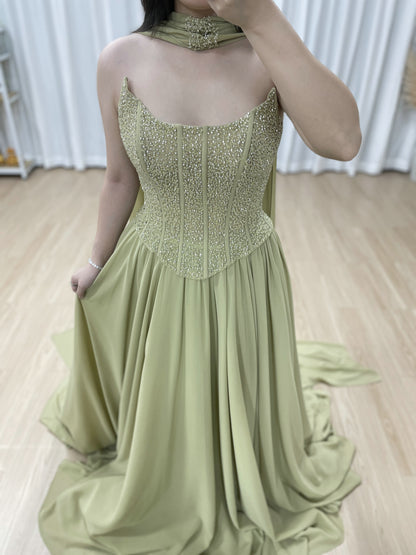 Elegant Flowing Green Formal Dress with Intricate Gold Beading MB40438