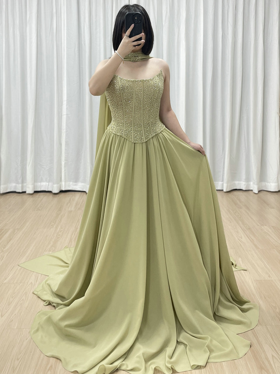 Elegant Flowing Green Formal Dress with Intricate Gold Beading MB40438