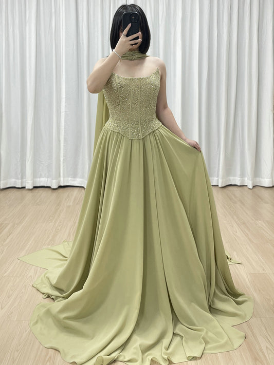 Elegant Flowing Green Formal Dress with Intricate Gold Beading MB40438