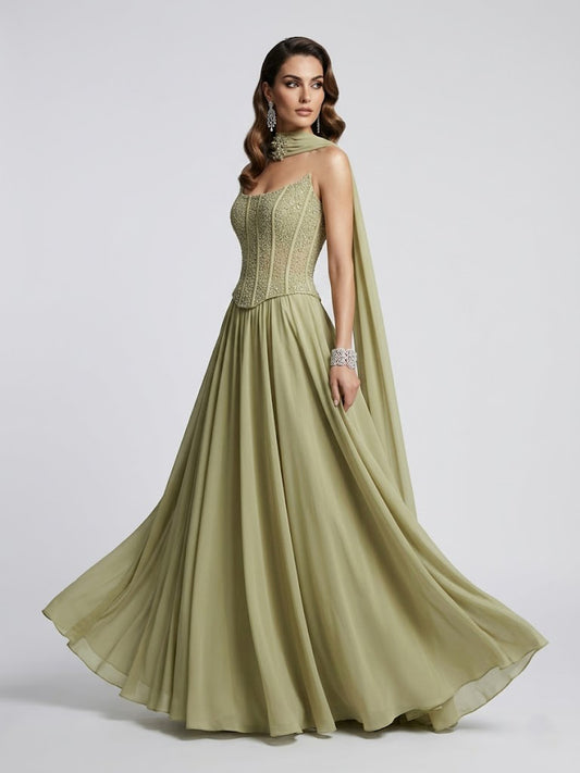 Elegant Green Beaded Corset Prom Dress with Flowing Chiffon Skirt MB40438