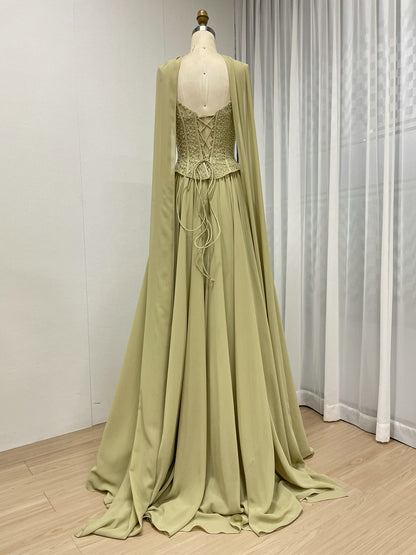 Elegant Flowing Green Formal Dress with Intricate Gold Beading MB40438