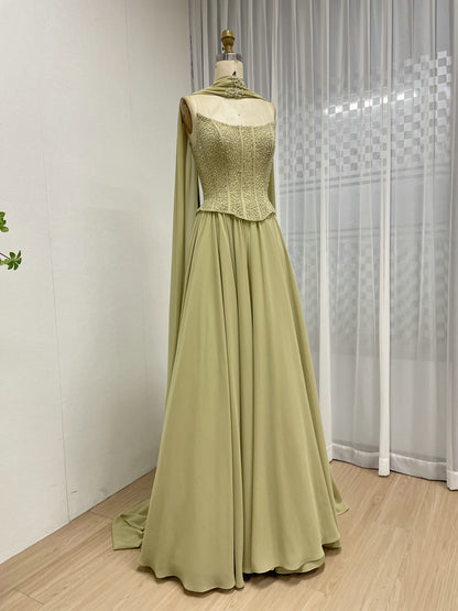 Elegant Flowing Green Formal Dress with Intricate Gold Beading MB40438