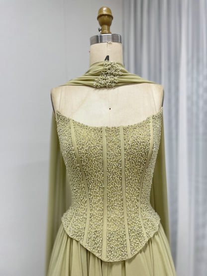 Elegant Flowing Green Formal Dress with Intricate Gold Beading MB40438
