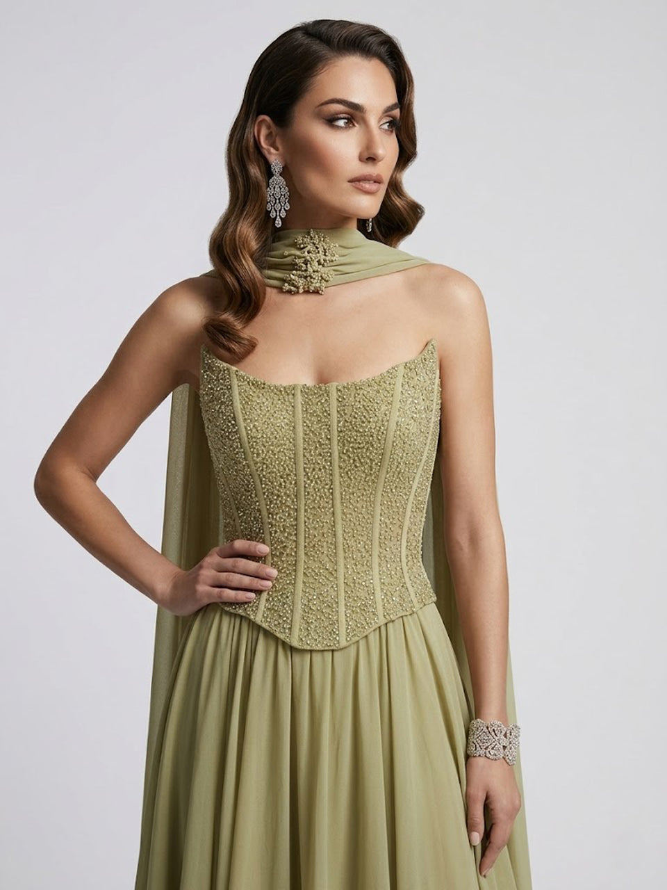 Elegant Green Beaded Corset Prom Dress with Flowing Chiffon Skirt MB40438