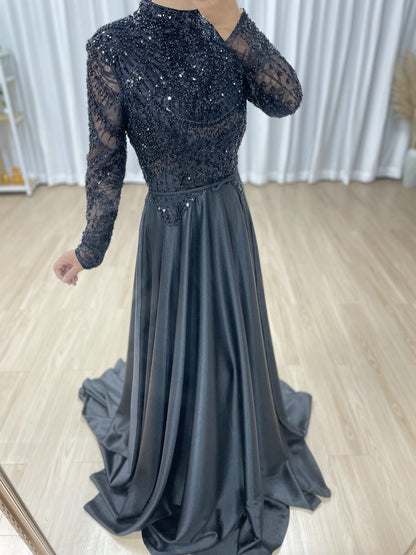 Black High-Neck Evening Dress: Long Sleeve Formal Gown with Satin Skirt MB40439