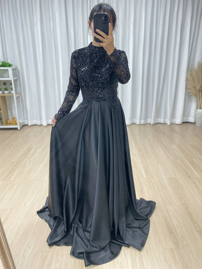 Black High-Neck Evening Dress: Long Sleeve Formal Gown with Satin Skirt MB40439