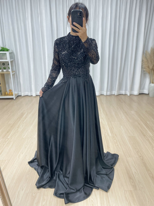 Black High-Neck Evening Dress: Long Sleeve Formal Gown with Satin Skirt MB40439