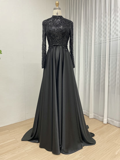 Black High-Neck Evening Dress: Long Sleeve Formal Gown with Satin Skirt MB40439