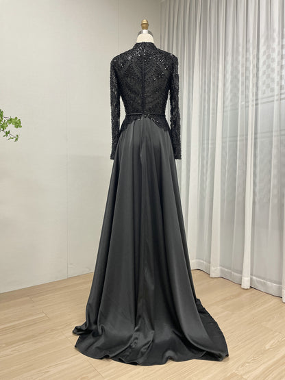 Black High-Neck Evening Dress: Long Sleeve Formal Gown with Satin Skirt MB40439