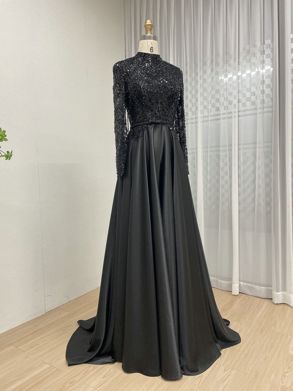Black High-Neck Evening Dress: Long Sleeve Formal Gown with Satin Skirt MB40439