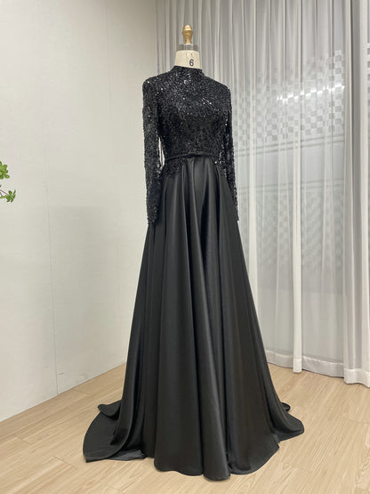Black High-Neck Evening Dress: Long Sleeve Formal Gown with Satin Skirt MB40439