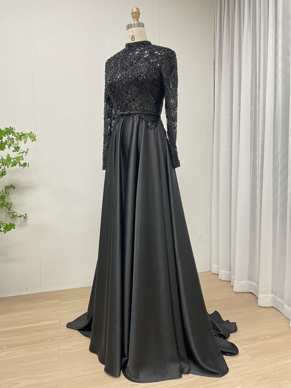 Black High-Neck Evening Dress: Long Sleeve Formal Gown with Satin Skirt MB40439
