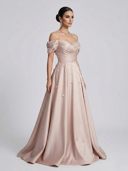 Elegant Pink Off-the-Shoulder Dusty Rose A-Line Prom Dress with 3D Flowers MB40440