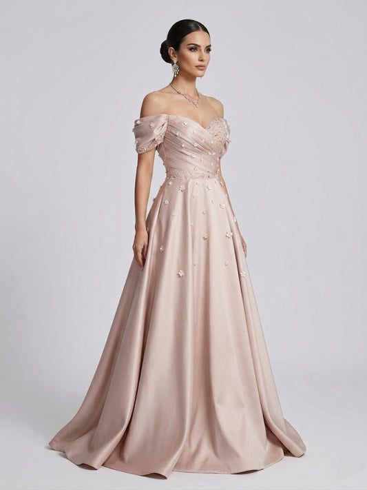 Elegant Pink Off-the-Shoulder Dusty Rose A-Line Prom Dress with 3D Flowers MB40440