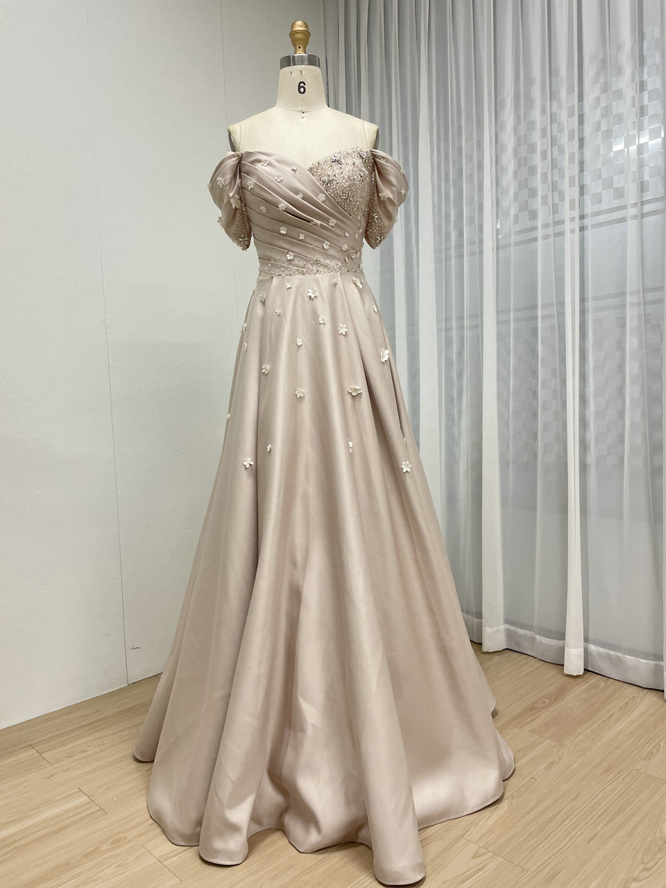 Chic Off-Shoulder Satin A-Line Evening Dress with Beaded Bodice Flowers MB40440