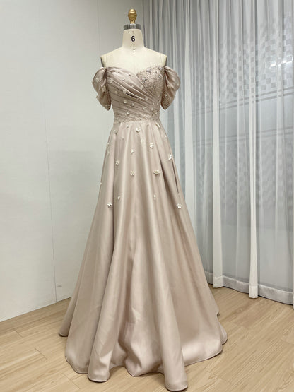 Chic Off-Shoulder Satin A-Line Evening Dress with Beaded Bodice Flowers MB40440