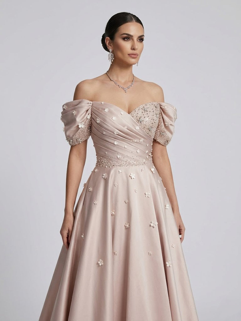 Elegant Pink Off-the-Shoulder Dusty Rose A-Line Prom Dress with 3D Flowers MB40440
