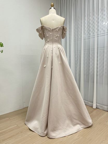 Chic Off-Shoulder Satin A-Line Evening Dress with Beaded Bodice Flowers MB40440