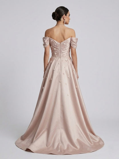 Elegant Pink Off-the-Shoulder Dusty Rose A-Line Prom Dress with 3D Flowers MB40440