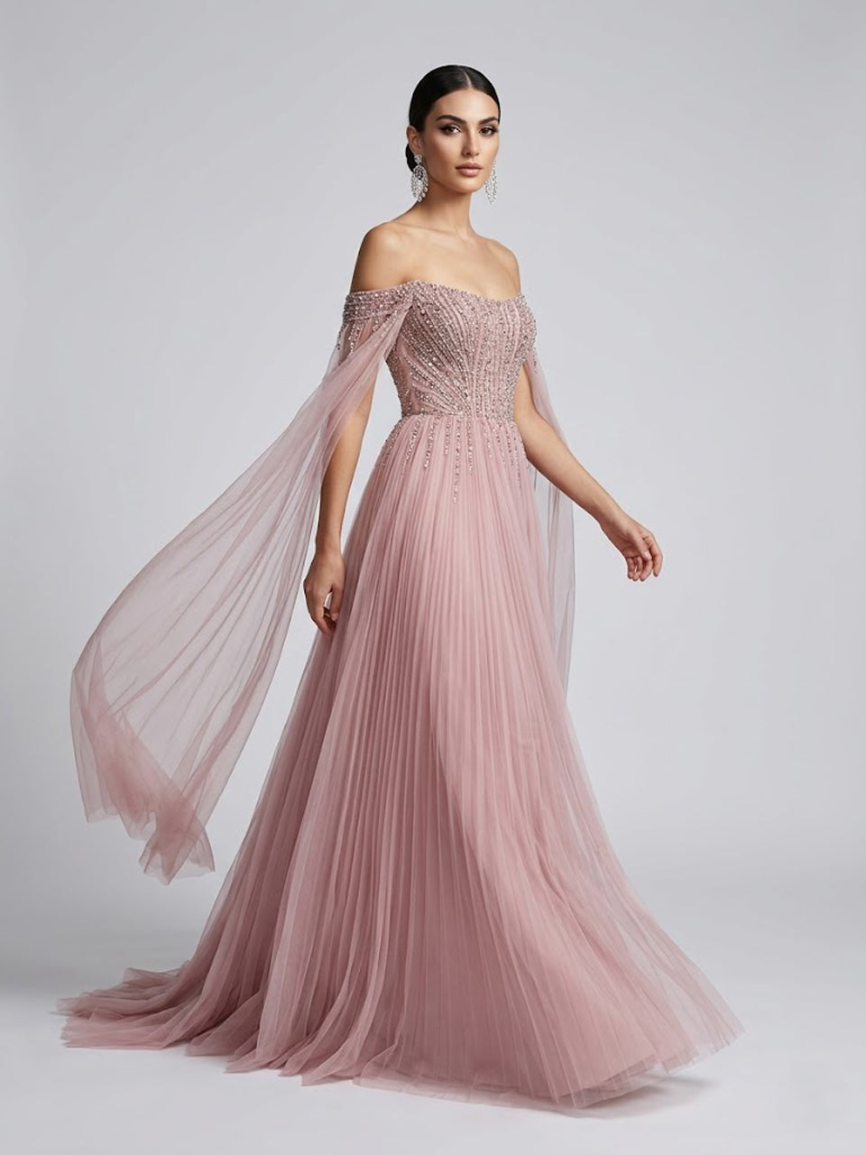 Dusty Pink Beaded Tulle Prom Dress with Off-the-Shoulder Sleeves MB40441