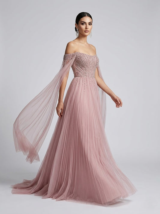 Dusty Pink Beaded Tulle Prom Dress with Off-the-Shoulder Sleeves MB40441