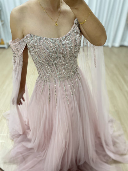 Fairytale Pink A-Line Prom Dress Beaded Corset Top Flowing Tulle Skirt MB40441